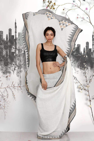 Mesmeric White Colored Festive Wear Printed Pure Linen Saree - Ibis Fab