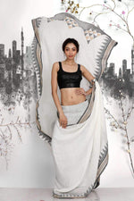 Mesmeric White Colored Festive Wear Printed Pure Linen Saree - Ibis Fab