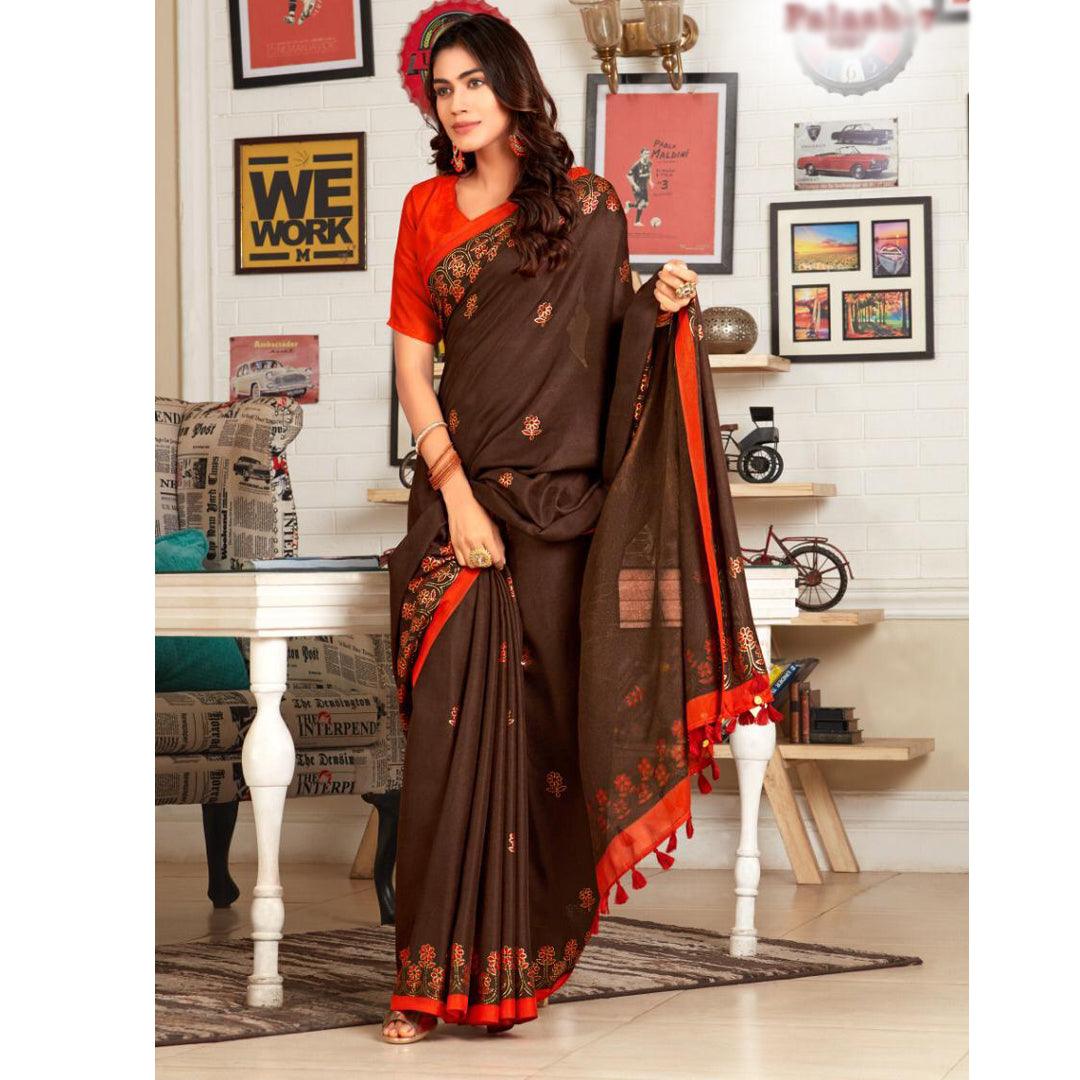 Mesmerising brown Colour Printed Pure Linen Saree For Women - Ibis Fab