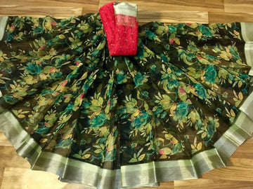 Mesmerising Pure Linen Black And Green Colored Casual Printed Saree