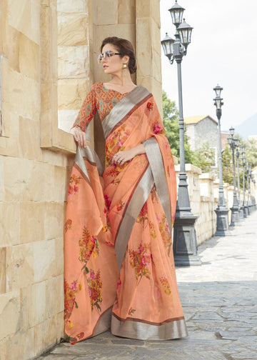 Mesmerising Pure Linen Light Orange Colored Casual Printed Saree - Ibis Fab