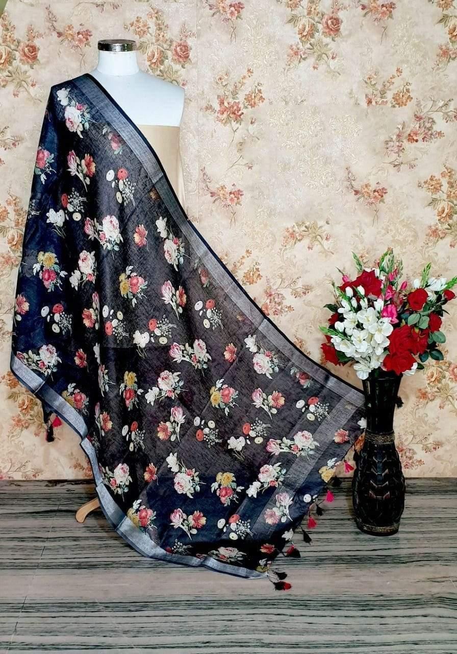 Mesmerizing Black Floral Design Digital Linen Dupatta - Ibis Fab