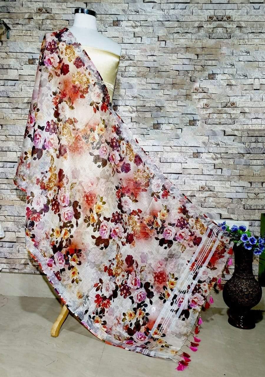 Mesmerizing Rose Design Digital Print Linen Dupatta - Ibis Fab