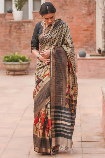 Lovely Tan Linen Designer Embroidered Saree