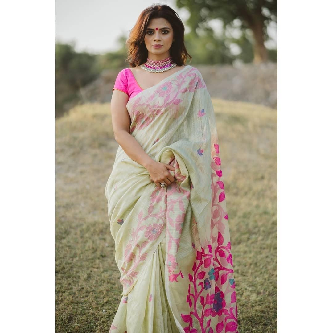 Linen saree Mint attractive designer wear - Ibis Fab