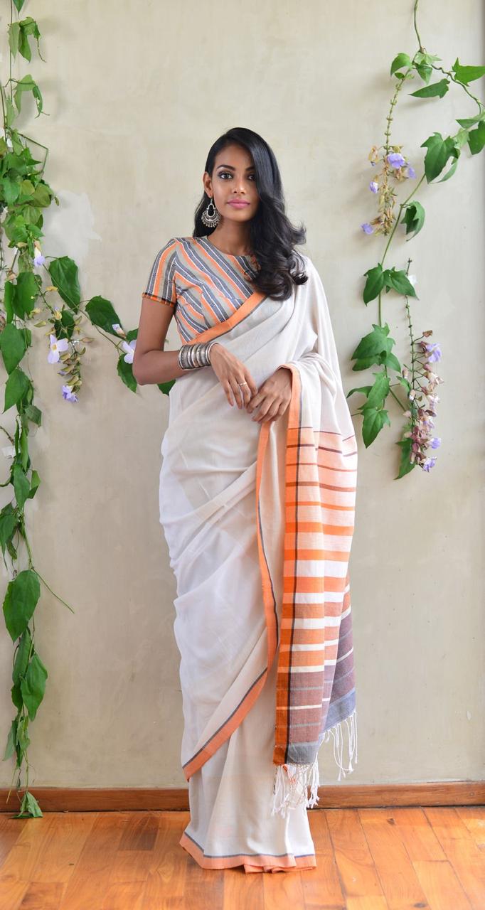 Prominent White Linen Designer Embroidered Saree