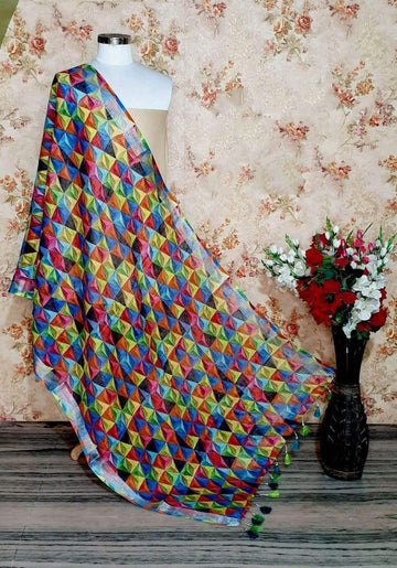 Multi color Geometric Pattern Digital Linen Dupatta - Ibis Fab