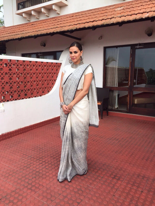 Neha Dhupia fame White Orignal Pure Linen Designer Saree - Ibis Fab