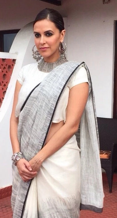 Neha Dhupia fame White Orignal Pure Linen Designer Saree - Ibis Fab