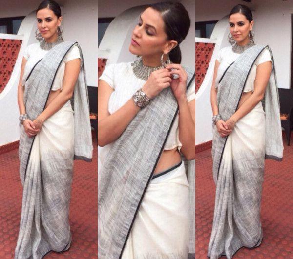 Neha Dhupia fame White Orignal Pure Linen Designer Saree