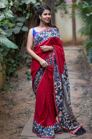 New Look Red Designer Linen Printed Saree