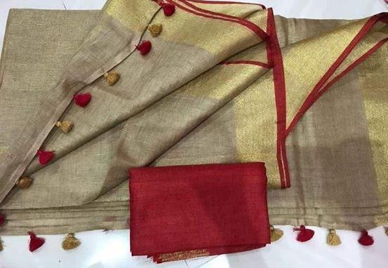 Linen cotton saree in Tan , dazzling designer wear - Ibis Fab