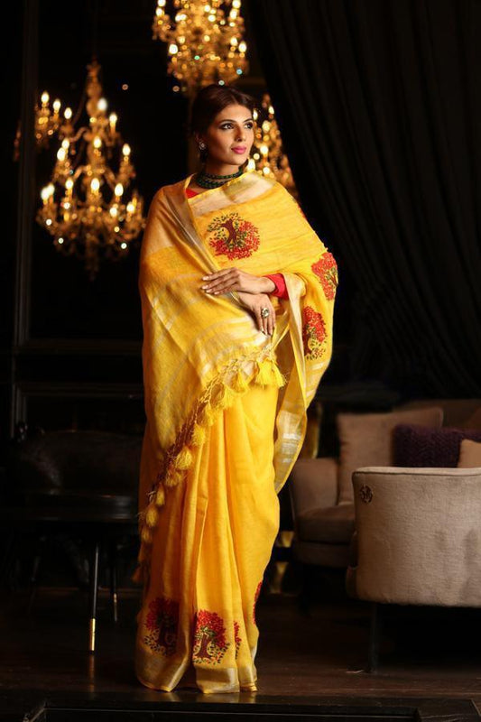 Blooming Yellow Colored Festive Wear Linen Saree - Ibis Fab