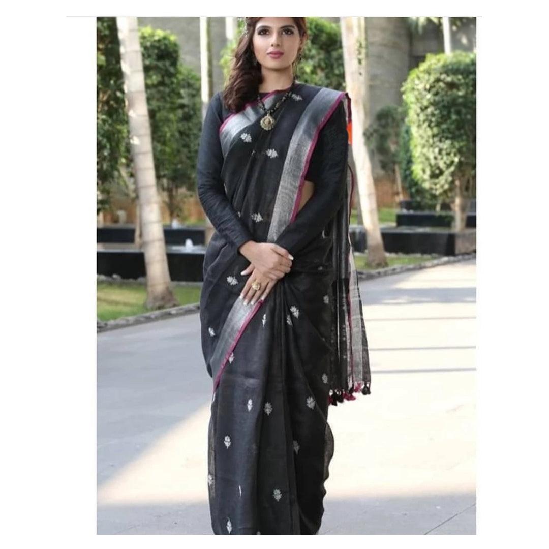 Majesty  Black  Colored  Festive Wear Printed  Pure Linen Saree