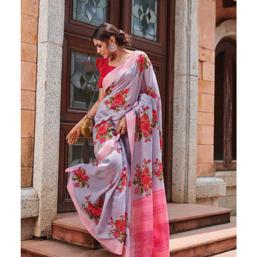 Lovely Light Purple Colored Printed  Pure Linen Saree For Women