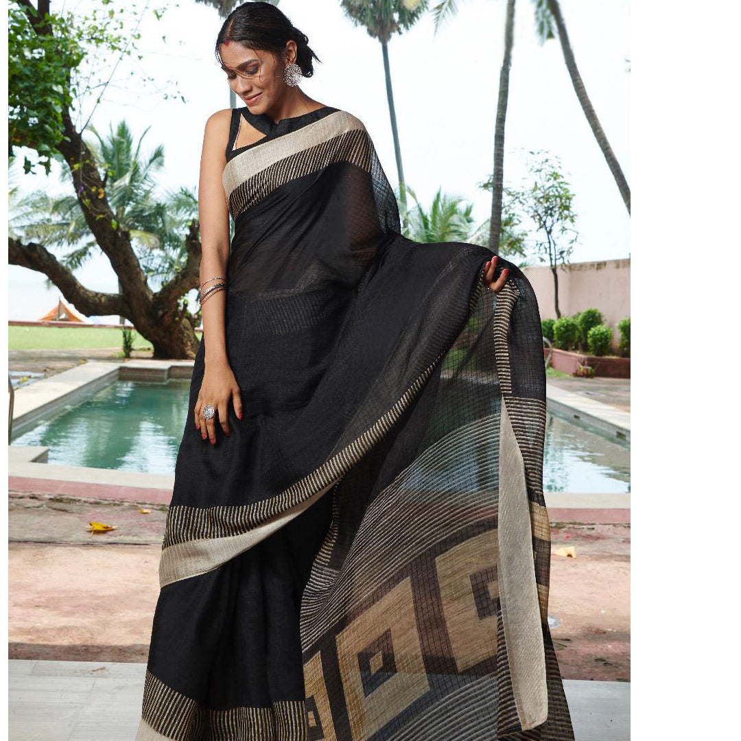 Gorgeous Black Colored Printed  Pure Linen Saree For Women