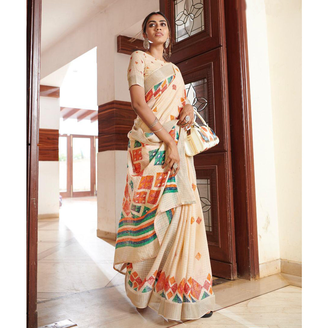 Mesmerising Tan And Red Colored Printed  Pure Linen Saree For Women