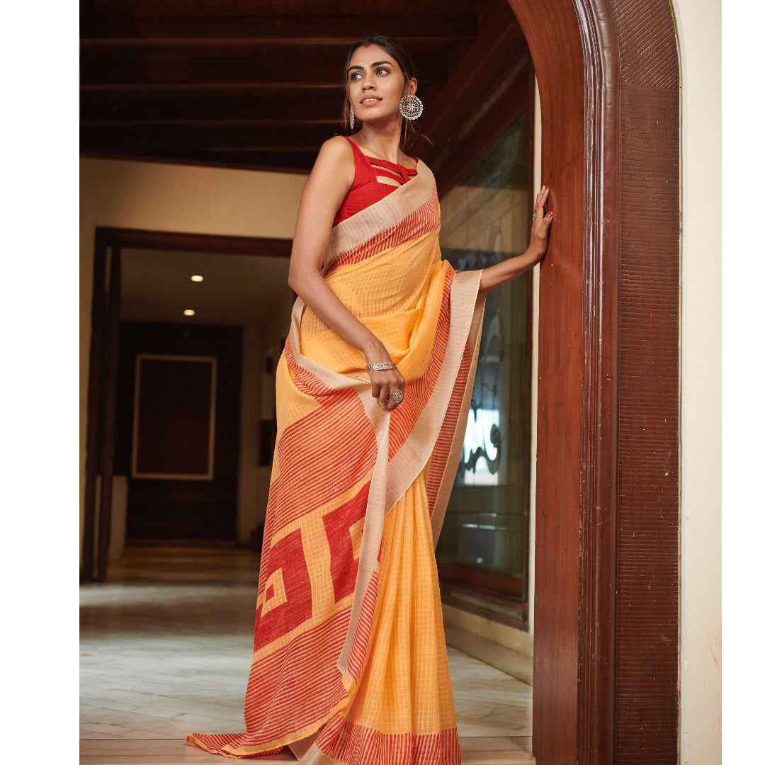 Radiant Peach And Red Colored Printed  Pure Linen Saree For Women