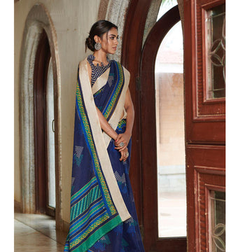 Stunning Navy Blue Colored Printed  Pure Linen Saree For Women
