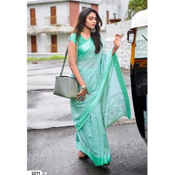 Ideal Mint Colour Printed  Pure Linen Saree For Women
