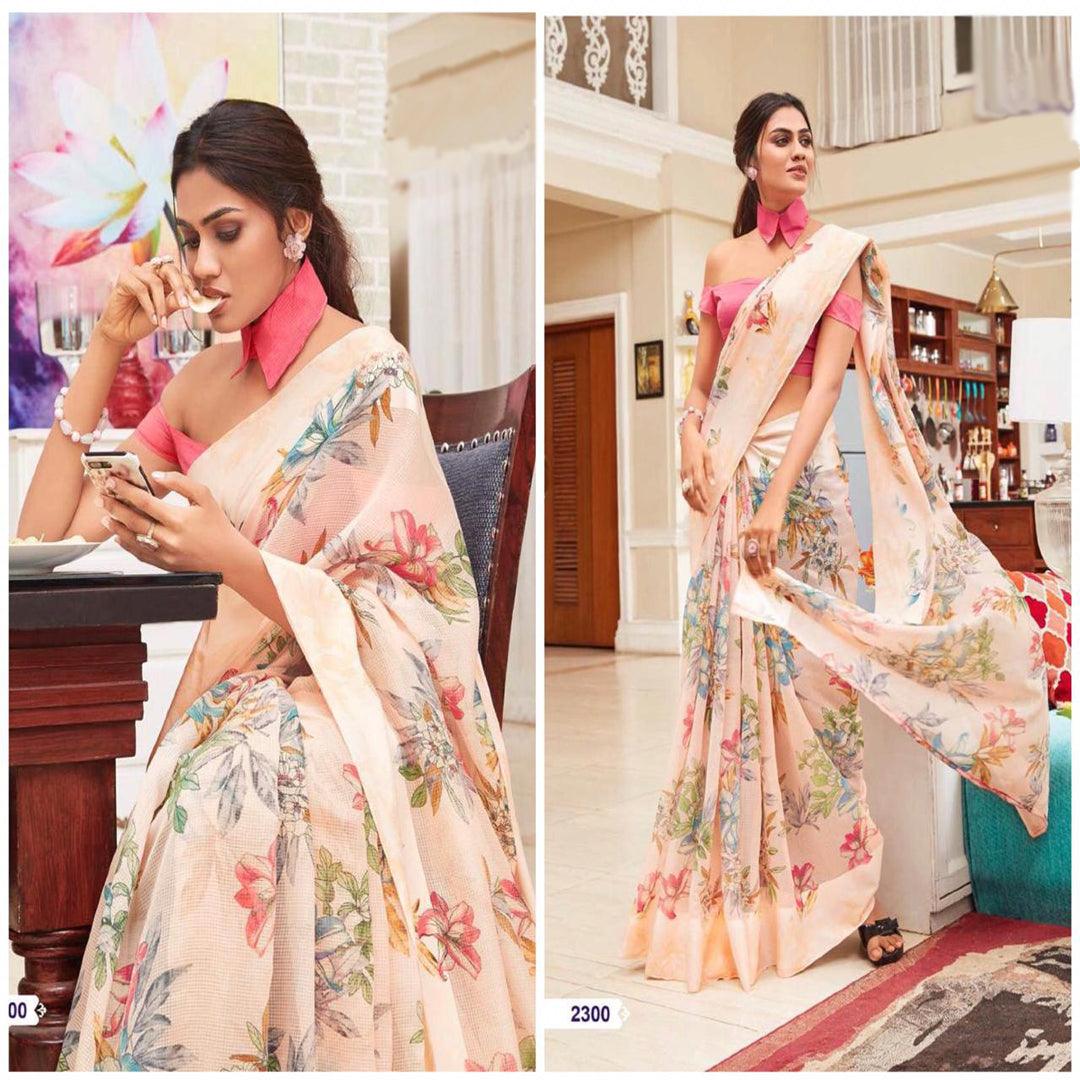 Mesmerising Beige Colour Printed Pure Linen Saree For Women - Ibis Fab