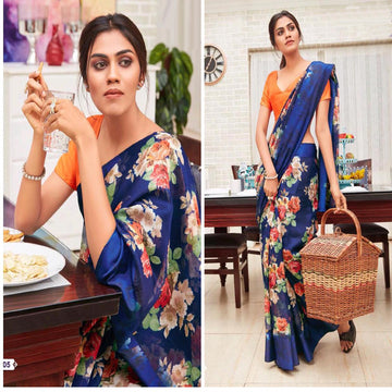 Stunning Night Blue And Orange Colour Printed  Pure Linen Saree For Women
