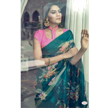 Wonderful Night Blue And Pink Colour Printed  Pure Linen Saree For Women