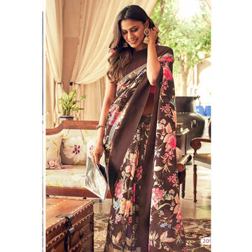 Lovely Brown Colour Printed Pure Linen Saree For Women