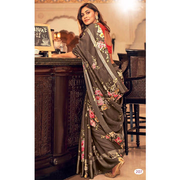 Pleasant brown Colour Printed Pure Linen Saree For Women