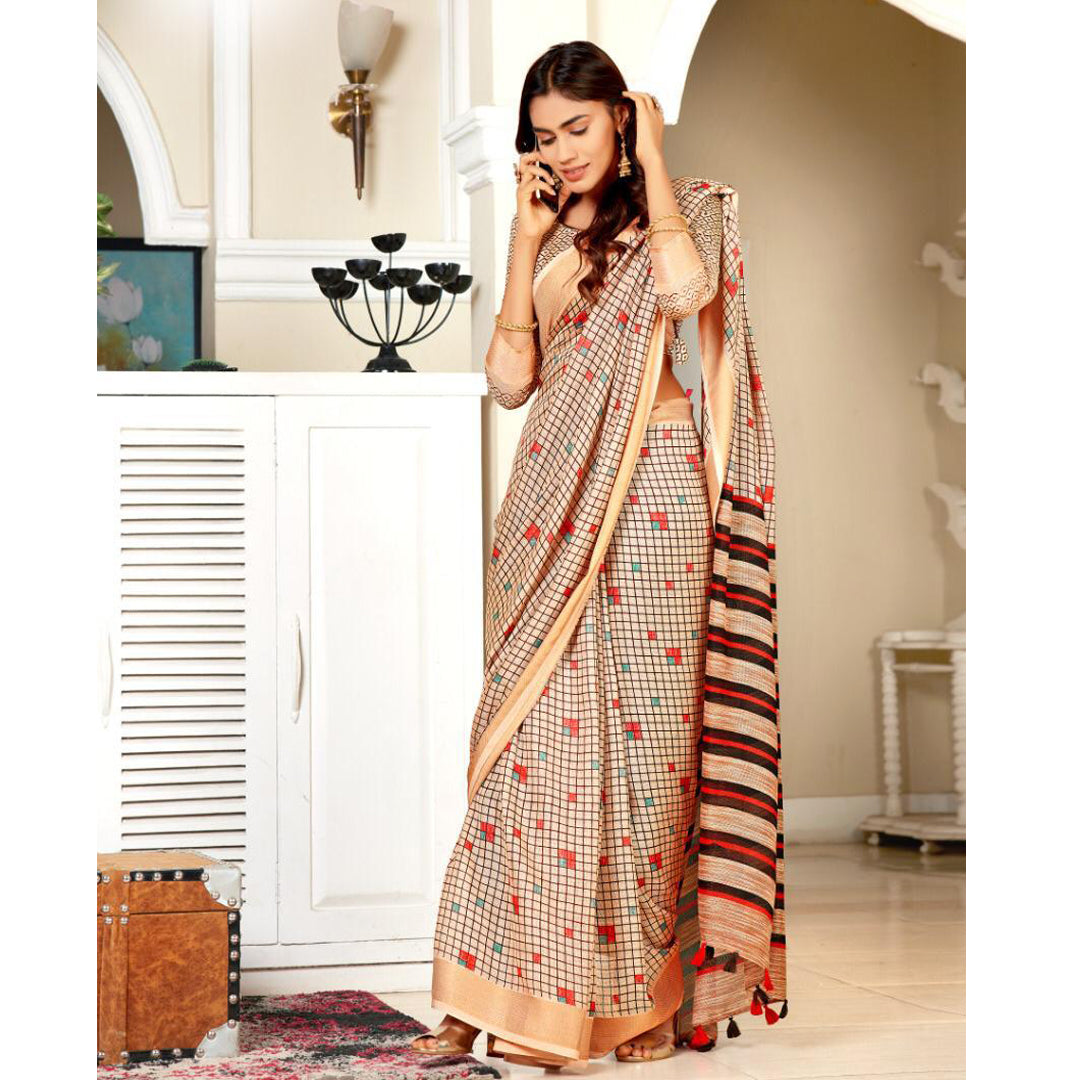 Gorgeous Beige Colour Printed Pure Linen Saree For Women