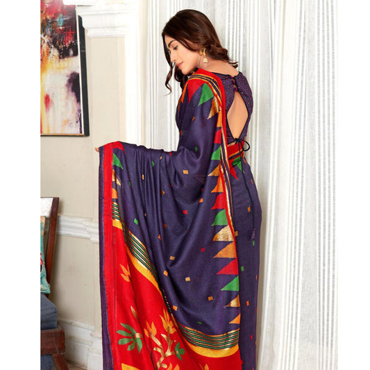 Engrossing Night blue Colour Printed Pure Linen Saree For Women