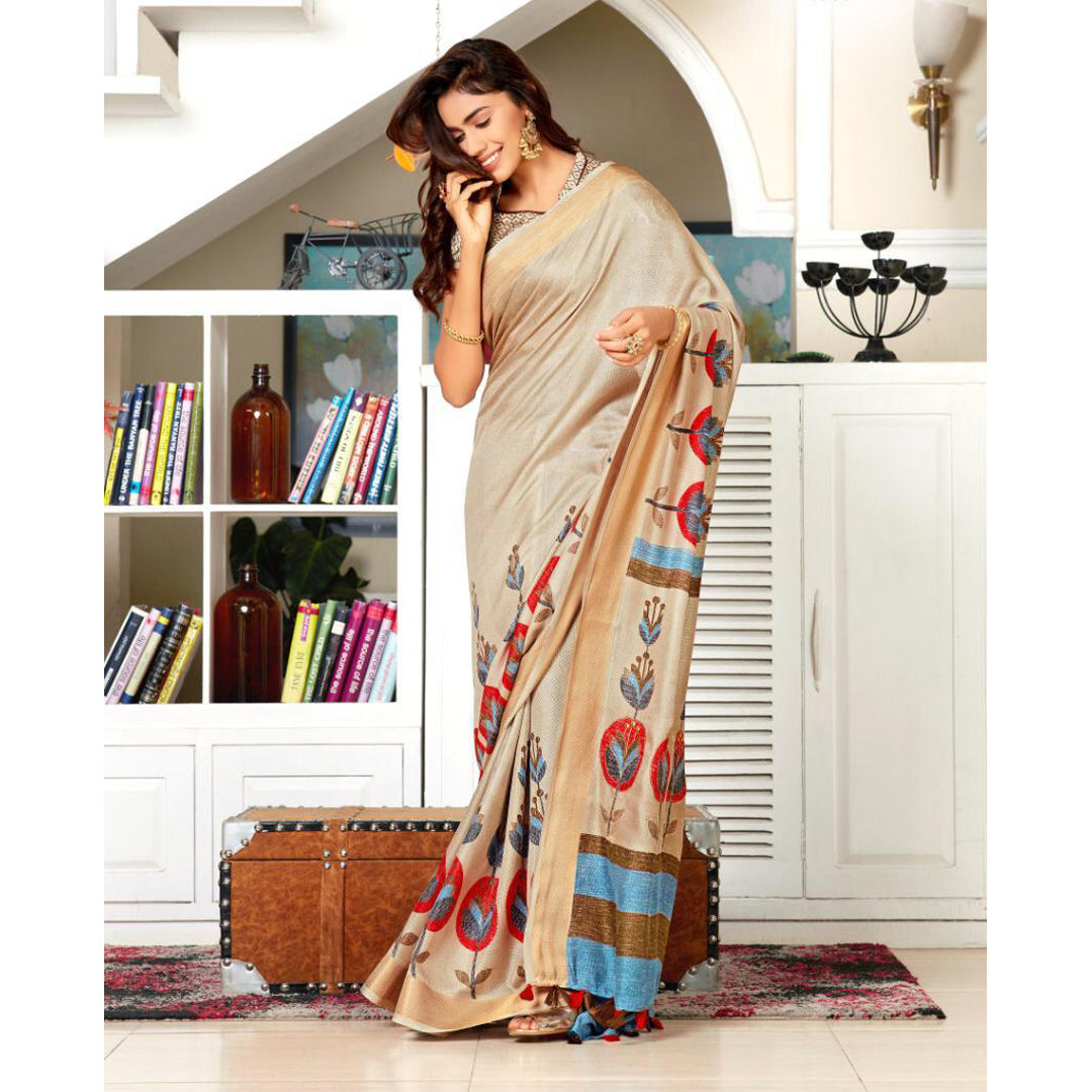 Radiant Beige Colour Printed Pure Linen Saree For Women