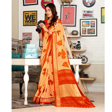 Stunning Peach And Orange Colour Printed Pure Linen Saree For Women