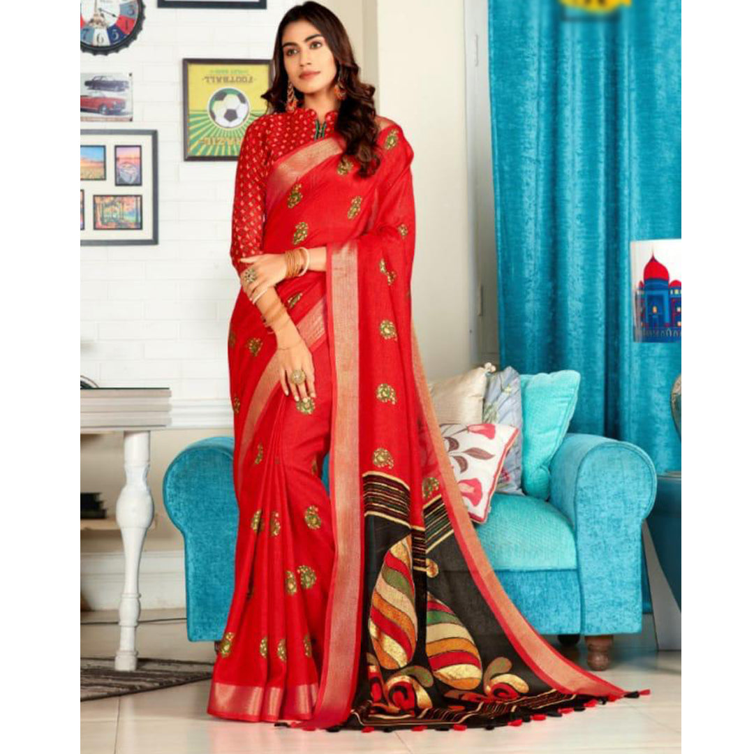 Trendy Red Colour Printed Pure Linen Saree For Women