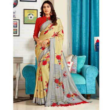 Wonderful Grey And Light Yellow Colour Printed Pure Linen Saree For Women