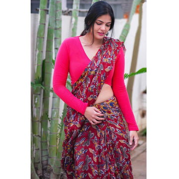 Fantastic Red Colour Printed Pure Linen Saree For Women