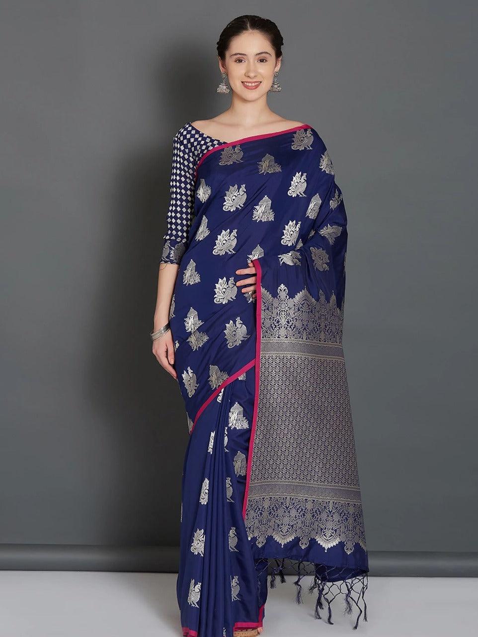 Night Blue blue and grey woven saree, festival wear - Ibis Fab