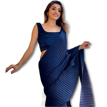 Night Blue Plain Half Pleated Japan Satin Saree