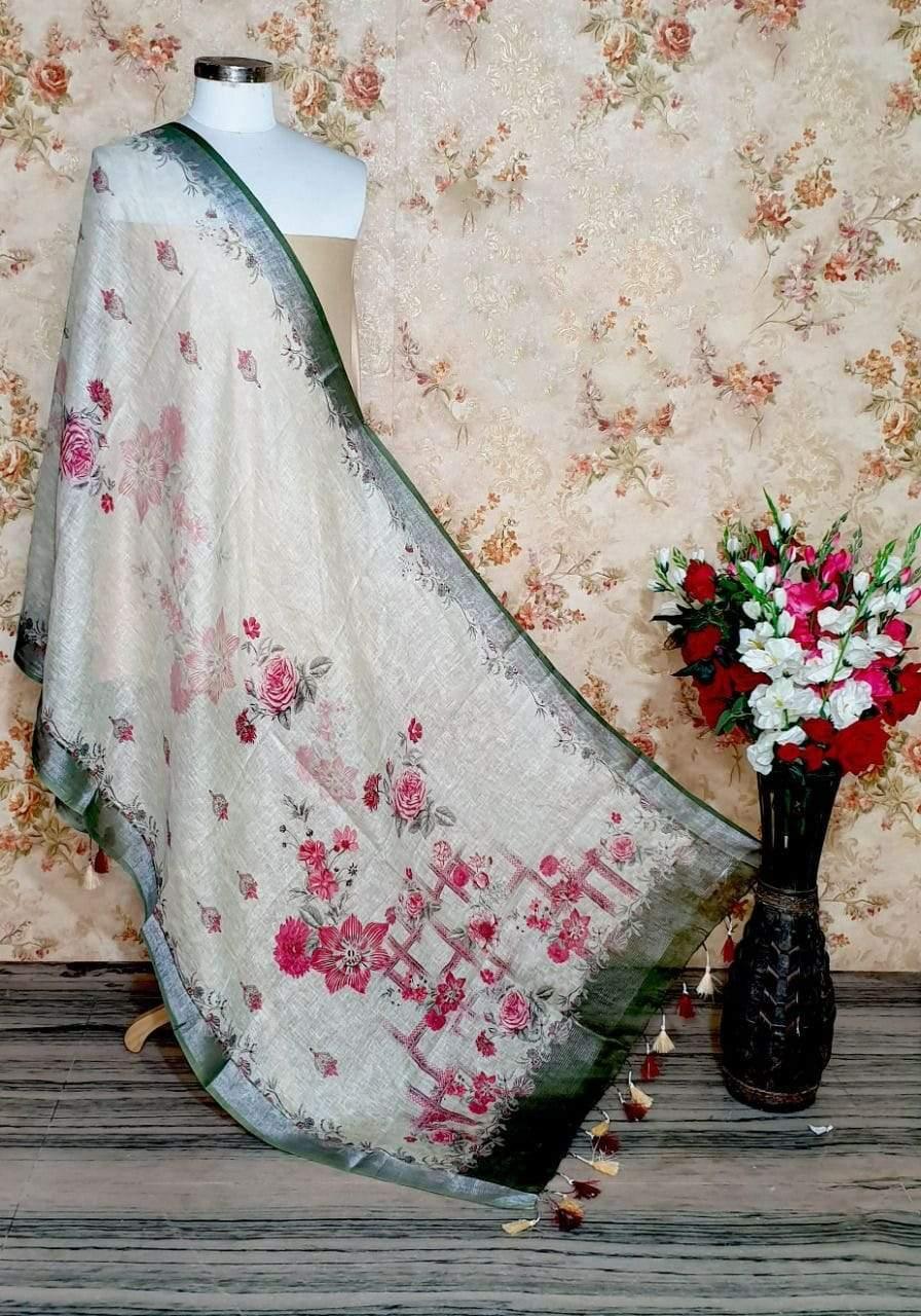 Off white Floral Digital Linen Dupatta - Ibis Fab