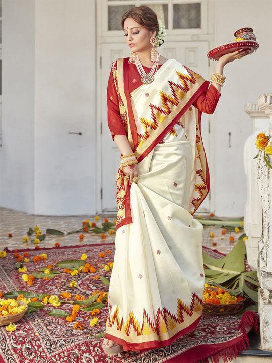 Off White Soft Silk Saree, Festive Wear - Ibis Fab