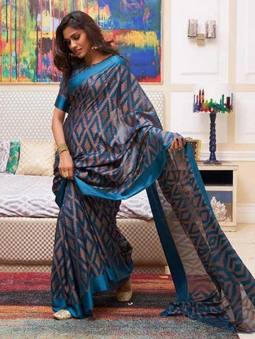 Opulent Light blue ,Festive Wear Printed  Pure Linen Saree