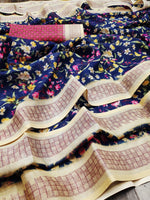 Opulent Navy Blue And Beige Colour Women's Pure Linen Saree With Unstiched Blouse Piece - Ibis Fab