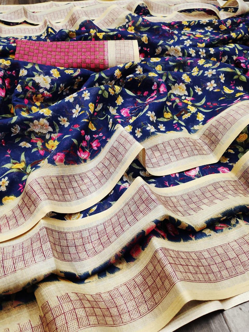 Opulent Navy Blue And Beige Colour Women's Pure Linen Saree With Unstiched Blouse Piece - Ibis Fab