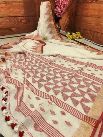 Opulent  Off White Colored  Festive Wear Printed  Pure Linen Saree
