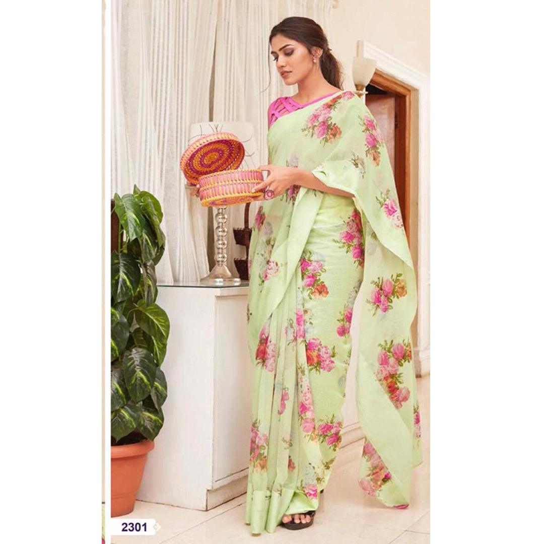 Opulent Pista And Pink Colour Printed Pure Linen Saree For Women - Ibis Fab