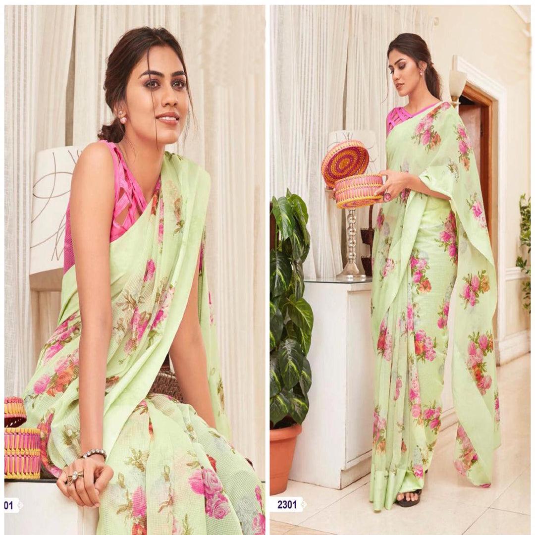 Opulent Pista And Pink Colour Printed Pure Linen Saree For Women - Ibis Fab