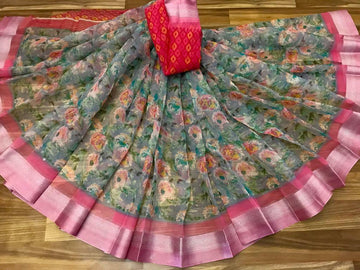 Opulent Pure Linen light green And Pink Colored Casual Printed Saree