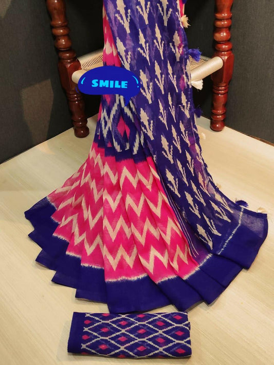 Opulent Pure Linen Pink And Blue Colored Casual Printed Saree - Ibis Fab