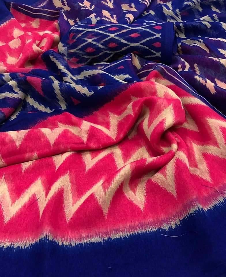 Opulent Pure Linen Pink And Blue Colored Casual Printed Saree - Ibis Fab