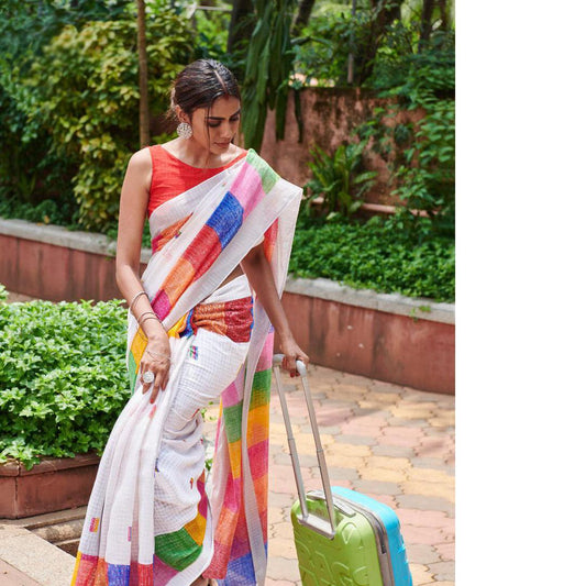 Opulent White And Orange Colored Printed Pure Linen Saree For Women - Ibis Fab